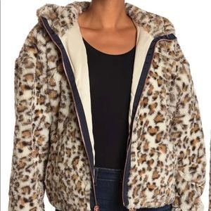 Lucky Brand Leopard Print Faux Fur Hooded Zip Jacket Size XS